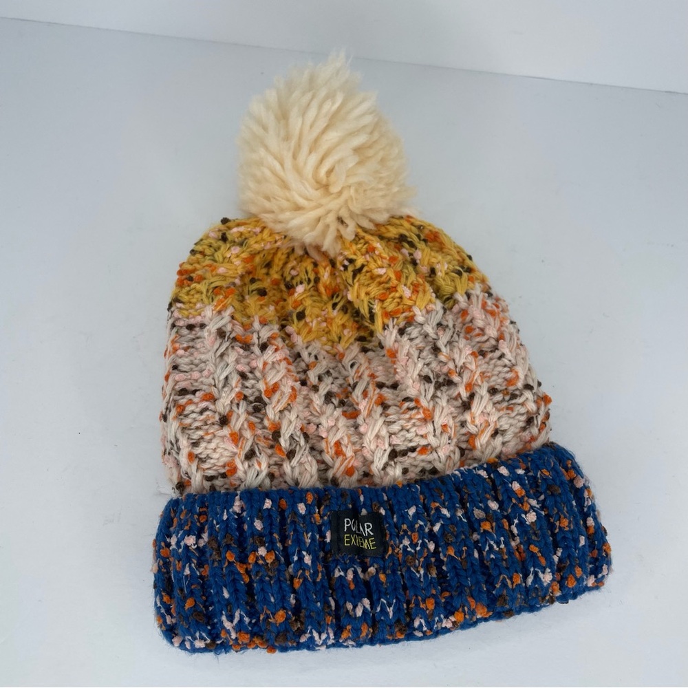 Unisex Polar Extreme Beanie Hat Multicolored Fleece Lined Pom Blue Yellow Cream